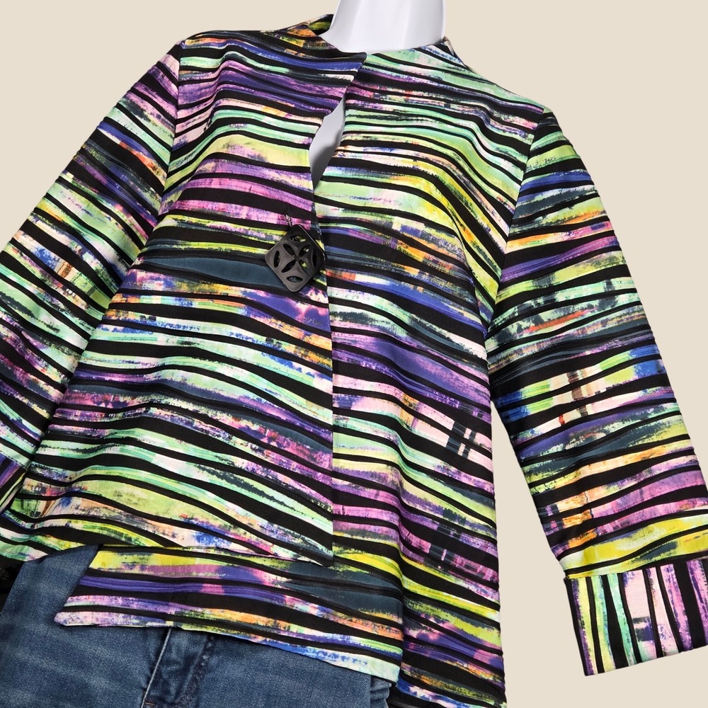IC by Connie K Women Large Stripe Ribbed Asymmetrical Lightweight Jacket 3/4 Slv